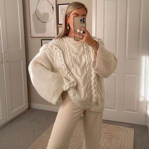 Cable Knit White Soft Cozy Oversized Knit Braided Sweater